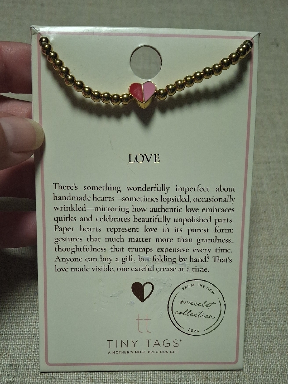 Tiny Tags Gold Beaded Bracelet with Pink Heart Charm